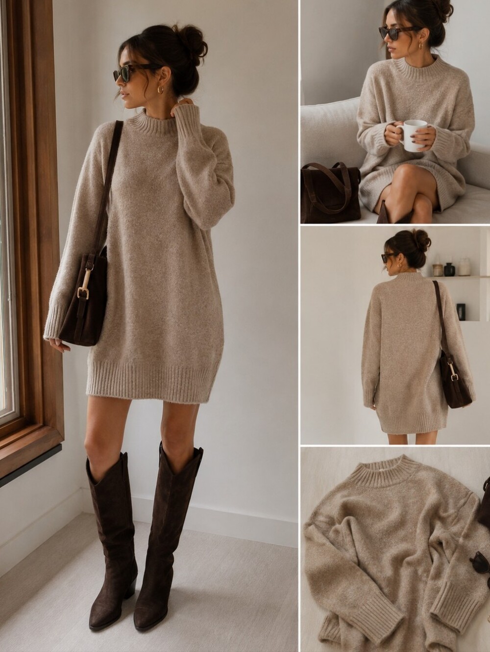 Mango Soft Taupe Knit Sweater Dress Turtleneck